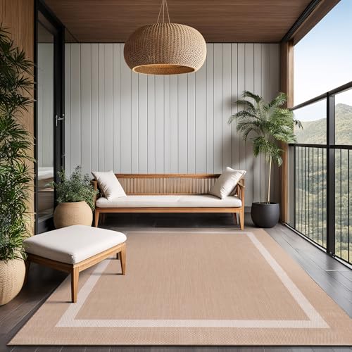 Bordered Outdoor Rug 10x14 Washable Outside Carpet for Indoor Patio Porch Waterproof Easy Cleaning Non Shedding Area Rugs Beige 10 x 14