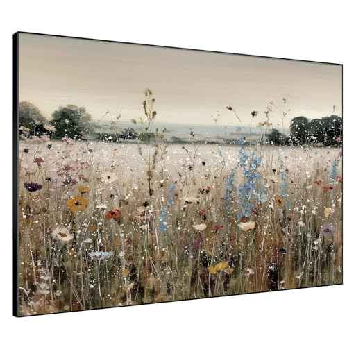 36"x46" Extra Large Framed Wall Art Wildflower Meadow Landscape Soft Pastel Field Illustration for Home Living Room Bedroom Decor