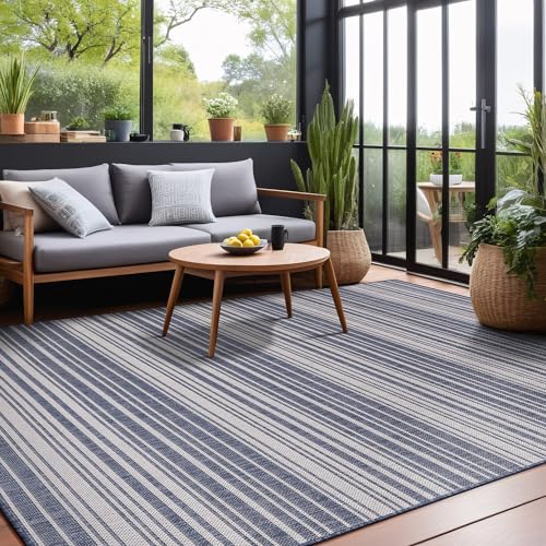 Stripe Outdoor Rug 8x10 Washable Outside Carpet for Indoor Patio Porch Waterproof Easy Cleaning Non Shedding Area Rugs Blue 8 x 10