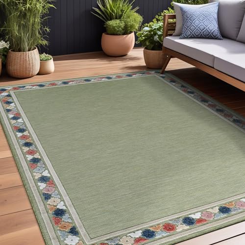 Outdoor Rug 5x7 Modern Bordered Area Rugs for Indoor and Outdoor Patio Easy to Clean Non Shedding Living Room Porch Garden Washable Outside Carpet