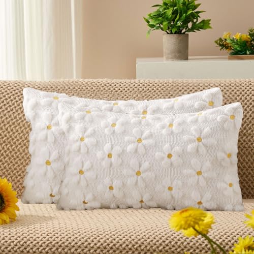 Spring Summer Pillow Covers 12x20 inch Set of 2 White Daisy (2 Count)