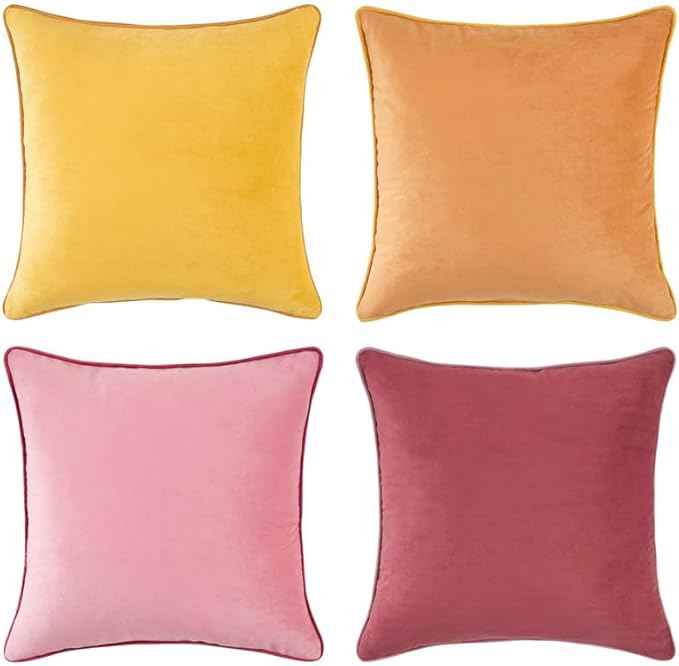 MONDAY MOOSE Decorative Throw Pillow Covers Cushion Cases, Set of 4 Soft Velvet Modern Double-Sided Designs, Mix and Match for Home Decor, Pillow Inserts Not Included (16x16 inch, Yellow/Pink)