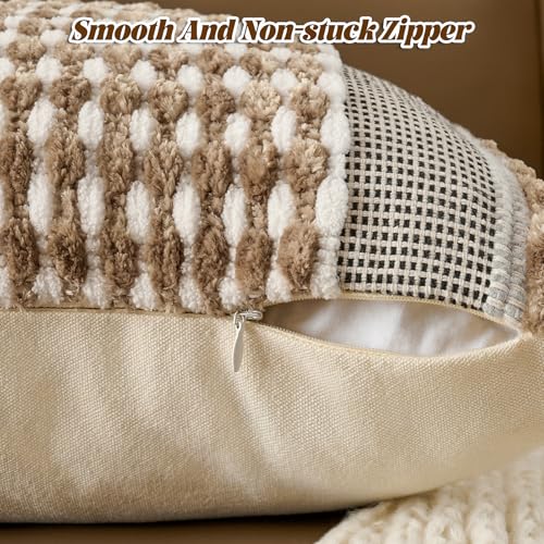 Set of 2 Chenille Striped Textured Boho Throw Pillow Covers Aesthetic with Tassels Woven Decorative Pillow Case for Couch Bed Sofa Bedroom Modern Funky 18 x 18 (2 Count)