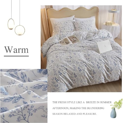Vintage Flower Comforter Set King Blue Floral Bedding Comforter Cottagecore Flower Botanical Comforter Set Fluffy Soft Coquette Bedding King Size Lightweight Boho Floral Comforter with 2 Pillowcases (3 Piece Set)