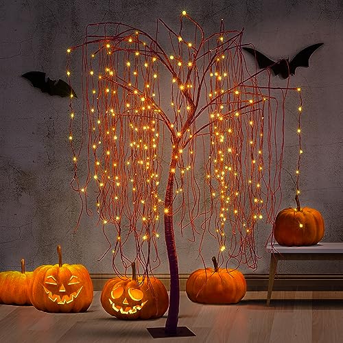 7 FT Halloween Lighted Willow Tree 256 LED Orange Lights Artificial Weeping Willow Tree with 6 Spiders Outdoor Indoor Decoration Christmas Festival Decor (Orange)