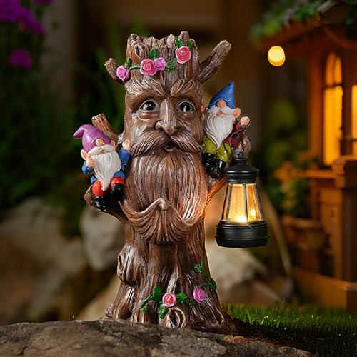 Outdoor Tree Face Garden Gnome Statue with Lantern