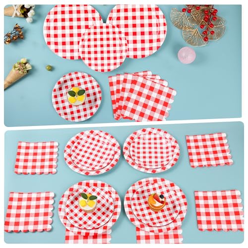 200Pcs Christmas Red Gingham Party Supplies Red Gingham Paper Plates and Napkins Cups Plaid Party Plates Disposable Reds and White Checkered Plates for Christmas Birthday Family Picnic (200 Count)