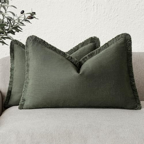 Boho Linen Fringe Lumbar Throw Pillow Covers 12×20 Dark Green (2 Count)