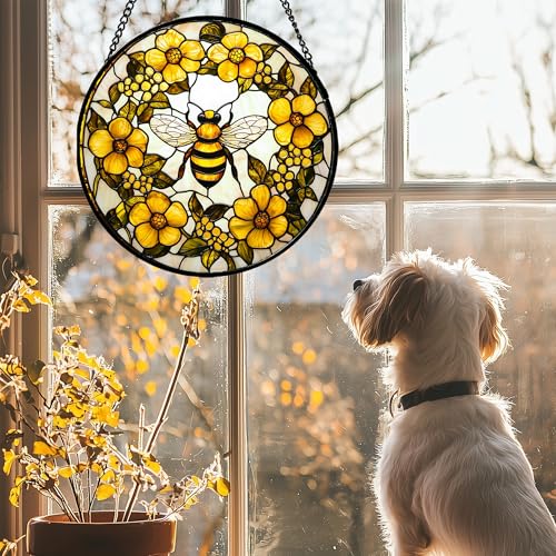 Bee Wreath Stained Glass Window Hanging Suncatcher Gifts for Women 6.3"
