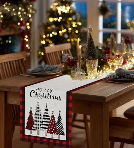 Christmas Table Runner Snowflakes Xmas Tree Decorations with Red Buffalo