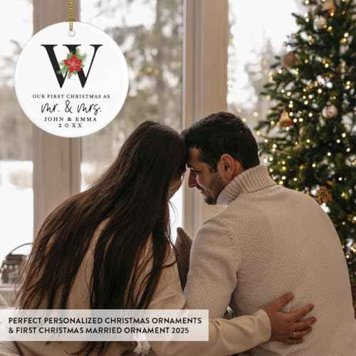 Personalized Our First Christmas As Mr. & Mrs. 2026 Christmas Ornaments Monogram Poinsettia 2.8" Round Porcelain Ceramic 1st Year Married Custom Ornament Keepsake for Newlyweds 1