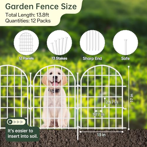 13.8ft(L) x 17in(H) Panels Garden Fence, 12 Panels Arched No Dig Fence, Decorative Animal Barrier Fencing with Ground Stake, Rustproof Metal Garden Edging Border for Dog, Outdoor Patio Decor, White