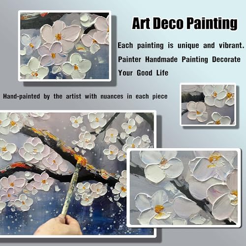 White Flowers Hand Painted Wall Art for Bedroom Blue Modern Wall Decor for Office Extra Large Wall Art for Living Room Size 36 x 72 Inch