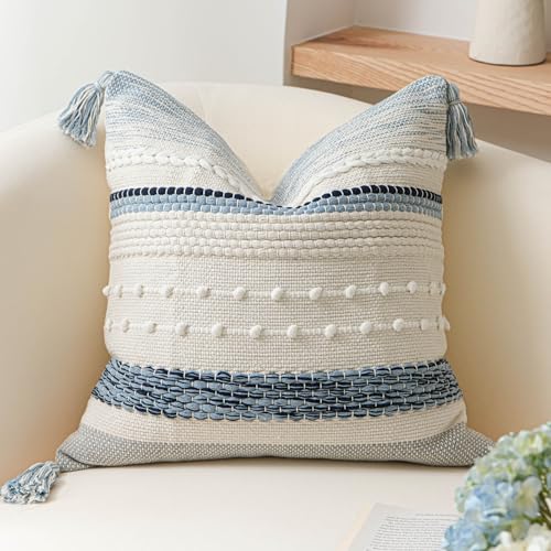 Coastal Blue Boho Decorative Throw Pillow Cover 20x20 Modern Bohemian Accent Pillow Case Square Woven Textured Farmhouse Pillows for Couch Bed