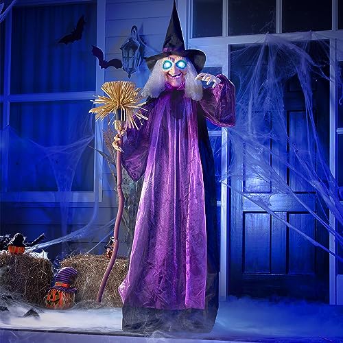 72" Outdoor Halloween Decorations Witch Life Size Animated with LED Eyes and Creepy Sound (Purple)