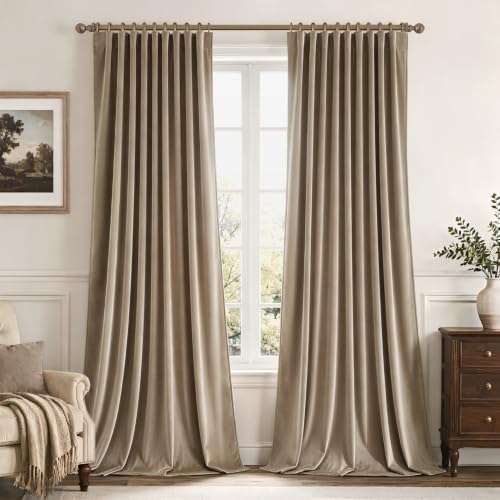 Light Taupe Velvet Pinch Pleat Blackout Curtains W52 X L96 Inches