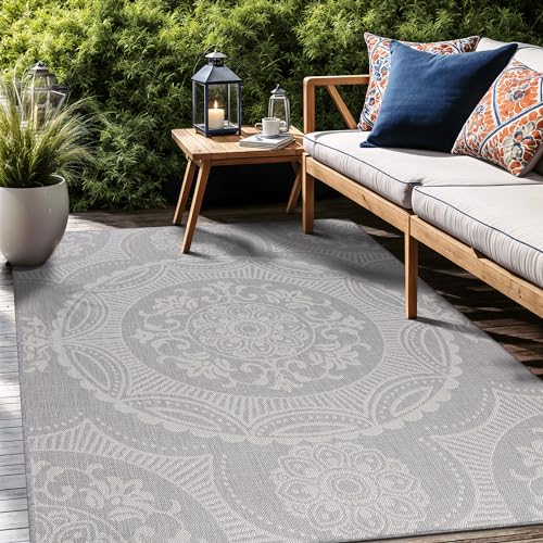 Medallion Outdoor Rug 9x12 Washable Outside Carpet for Indoor Patio Porch Waterproof Easy Cleaning Non Shedding Area Rugs Gray 9 x 12