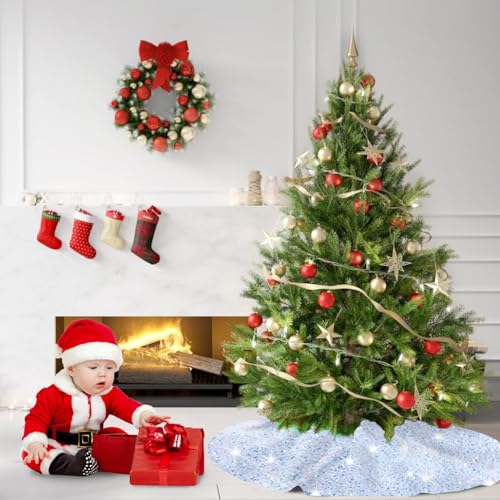 Iridescent White Christmas Tree Skirt Mini 21 Inch Sequins Tree Skirt Sparkle Velvet Xmas Tree Mat Glitter Tree Skirts for Artificial Trees Mermaid Tree Collar Skirt for Christmas Party