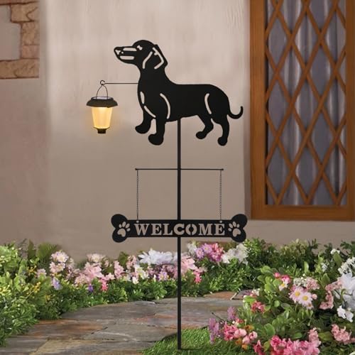 Solar Dachshund Silhouette Dog Breed Welcome Sign with a Lantern