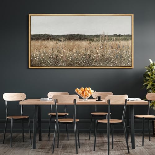 Extra Large Framed Canvas Print Wall Art Misty Morning Meadow with Wildflowers Antique Retro Fine Art Illustrations Decorative Colorful for Bedroom