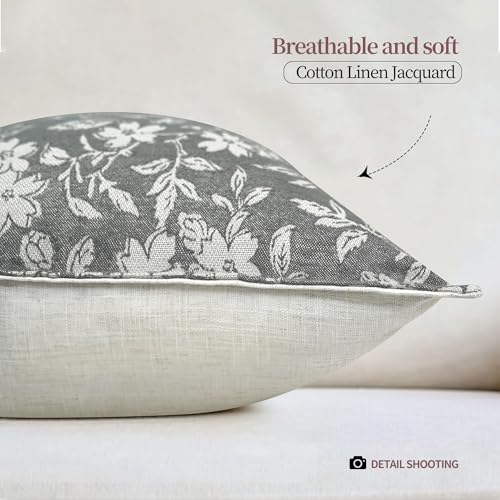 Gray Floral Pillow Covers 18x18 Pack of 2 Vintage Farmhouse Jacquard Decorative Throw Pillow Covers for Living Room Couch Bed Home Decor (2 Count)