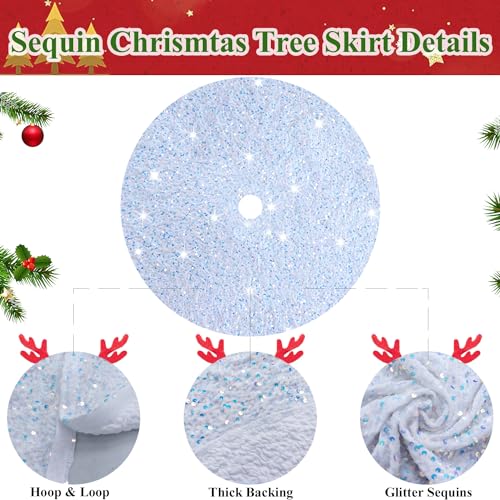 Iridescent White Christmas Tree Skirt Mini 21 Inch Sequins Tree Skirt Sparkle Velvet Xmas Tree Mat Glitter Tree Skirts for Artificial Trees Mermaid Tree Collar Skirt for Christmas Party