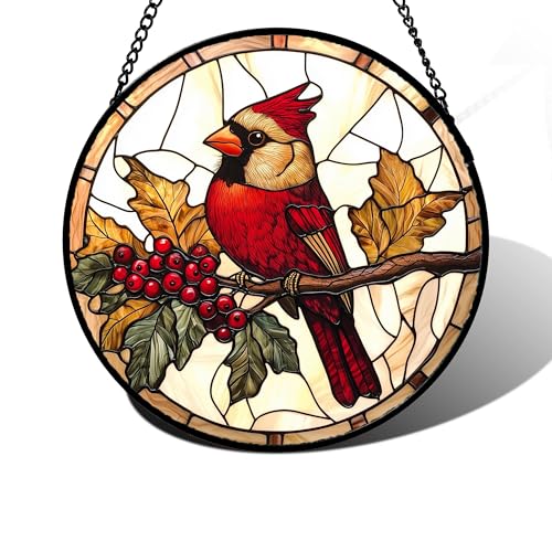 Festive Cardinal Berry Stained Glass Window Hanging Suncatcher Gifts 6.3"