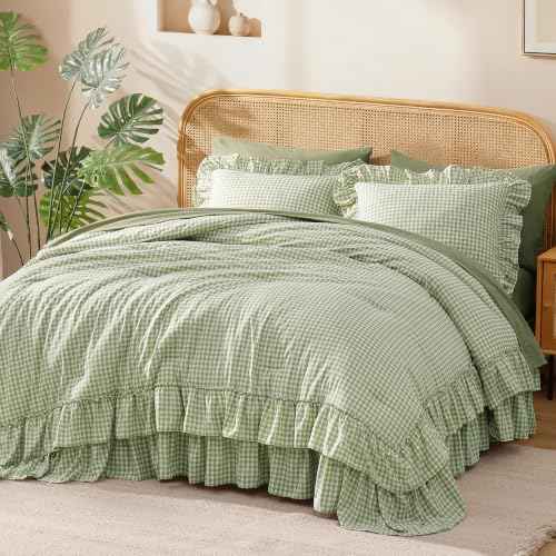 Full Size Comforter Set Green Gingham Ruffle 7 Pieces Bed in a Bag