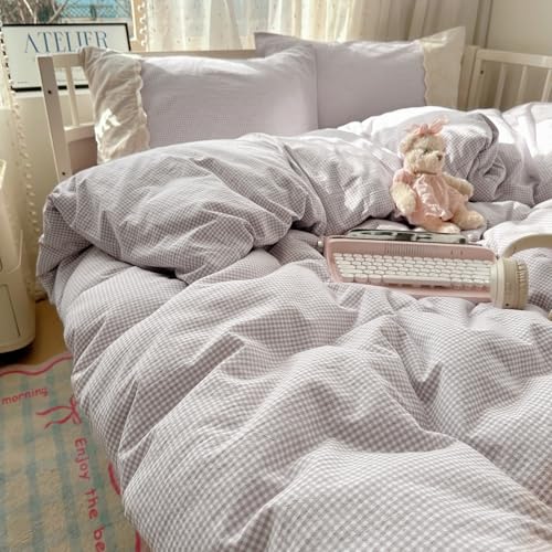 Purple Gingham Comforter Set King 3 Pieces Purple Grid Bedding Comforter with Romantic White Lace Fluffy Soft Microfiber Farmhouse Gingham Bedding Set Vintage Plaid Checkered Comforter Set