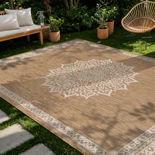 Outdoor Rug 5x7 Medallion Natural Modern Area Rugs for Indoor and Outdoor Patios Kitchen and Hallway Mats Washable Porch Deck Outside Carpet (35 Sq Ft)