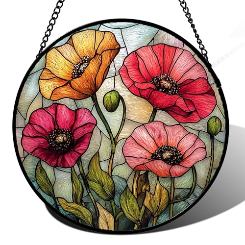 Poppy Flower Stained Glass Window Hanging Suncatcher Gifts for Women 15"