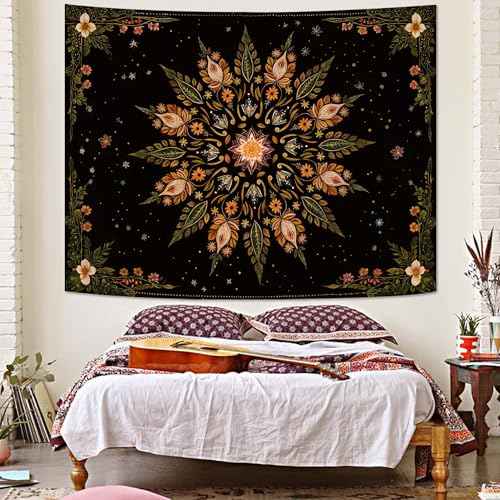 Boho Floral Mandala Tapestry for Bedroom Aesthetic Vintage Bohemian Flower Wall Tapestry Black Green Hippie Indian Small Tapestries Wall Hanging for Living Room Dorm Decor 40 x 30 Inch