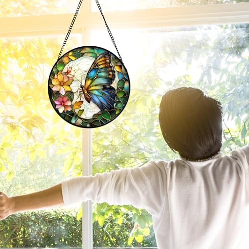 Green Butterfly Flower Stained Glass Window Hanging Suncatcher Gifts 6.3"