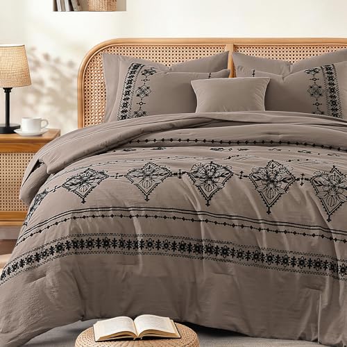 Queen Comforter Set Embroidery Floral 7 Pieces Bed in a Bag