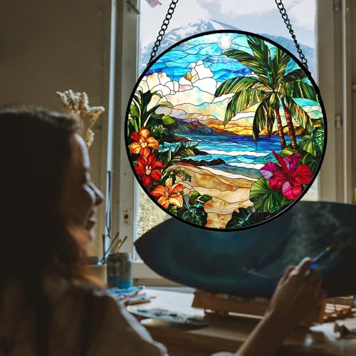 Tropical Hibiscus Beach Stained Glass Window Hanging Suncatcher Gifts 15"