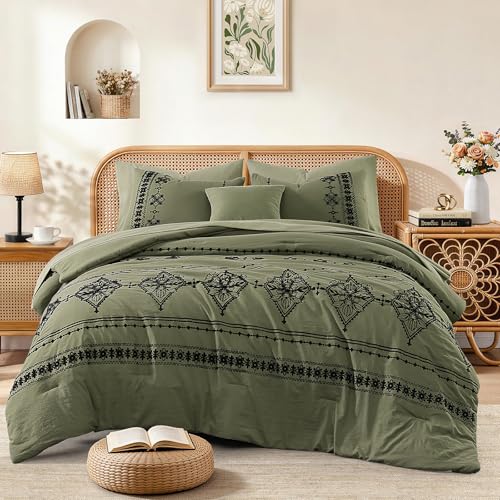 Queen Comforter Set Embroidery Floral 7 Pieces Bed in a Bag