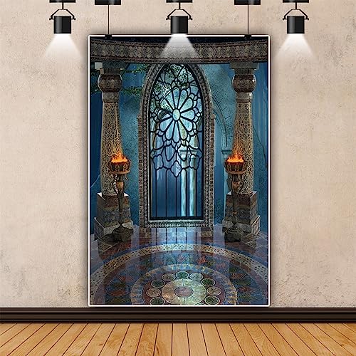 7x10ft Medieval Castle Backdrop for Photoshoot Portrait Pillar Torch Gothic Stone Tower Ancient Old Fortress Interior Photography Background Halloween Party Decor Wallpaper Photo Studio Props