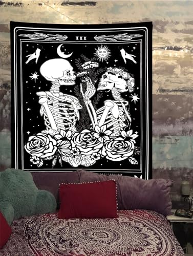 The Lovers Skull Tapestry Gothic Tapestry Vertical Black and White Skeleton Gothic Witch Sun Moon Floral Plant Snake Tapestries Wall Hanging Decor for Bedroom Dorm Room 30 x 40 Inches