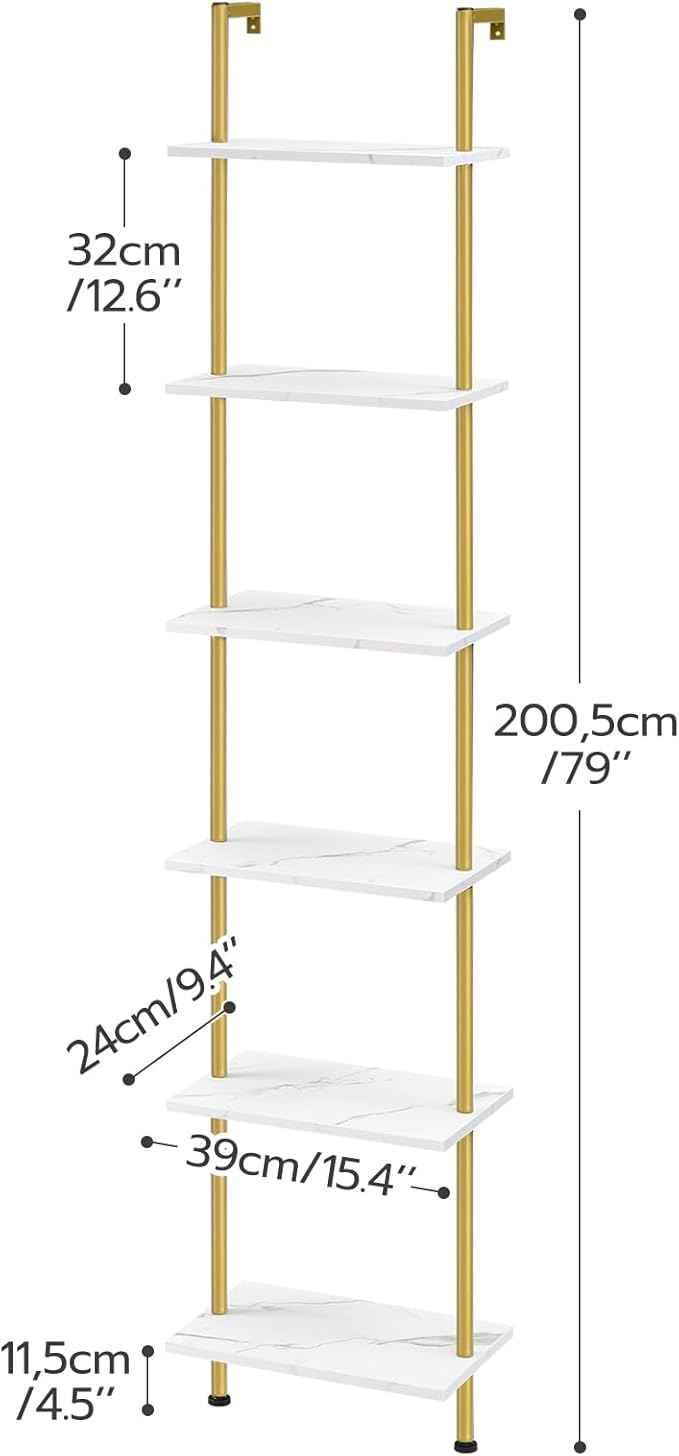 HOOBRO DIY Ladder Shelf, 6-Tier Wooden Wall Mounted Bookshelf, Narrow Gold Bookcase, Display Shelf, Storage Rack, Plant Stand, for Living Room, Bedroom, Study, Balcony, Marble and Gold DM651CJ01