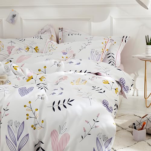 Girls Floral Comforter Set Twin XL Chic Flowers Leaves Pattern Comforter with 2 Pillowcases Fluffy Soft Cute Floral Bedding Set 3 Pieces Cottagecore Bedding Vintage Flowers Botanical Comforter Set