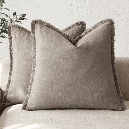 Decorative Linen Fringe Throw Pillow Covers 22×22 Inch (2 Count)