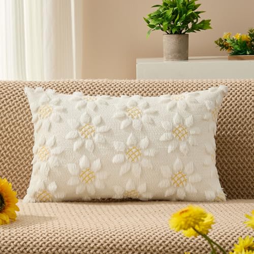 Spring Summer Pillow Covers 12x20 inch Set of 2 White Sunflower (2 Count)