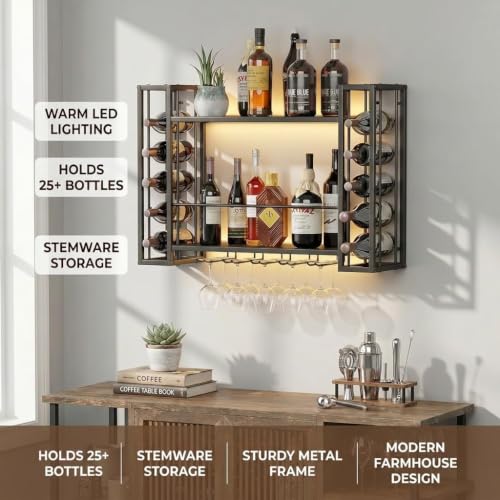 40" Wall Mounted Wine Rack with LED Lights & Wine Glass Rack