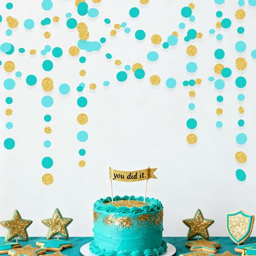 Teal Gold Party Polka Dot Garland Banner Aqua Turquoise Glitter Gold Hanging Paper Circle Dots Streamer for Birthday Wedding Shower Engagement Bridal Shower Retirement Party Decorations Supplies