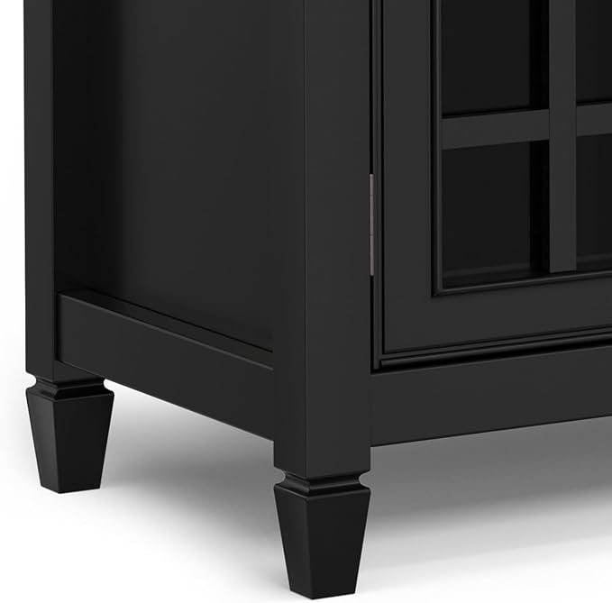 SIMPLIHOME Connaught Storage Cabinet - 60 inch Wide Solid Wood Buffet in Black, Traditional Sideboard for Dining Room, Entryway, or Living Room with Glass Doors, Adjustable Shelves, and Notched Legs