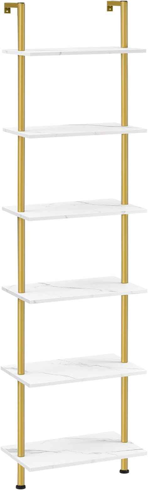 HOOBRO DIY Ladder Shelf, 6-Tier Wooden Wall Mounted Bookshelf, Narrow Gold Bookcase, Display Shelf, Storage Rack, Plant Stand, for Living Room, Bedroom, Study, Balcony, Marble and Gold DM651CJ01