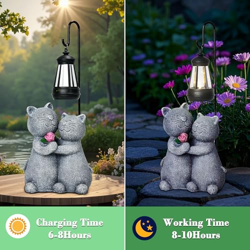 Outdoor Cat Garden Statues with Solar Lantern