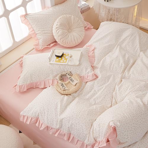 Pink Flower Comforter Set Full Vintage Coquette Bedding Comforter Cottagecore Floral Comforter Set with Elegant Ruffles Soft Fluffy Lightweight Botanical Bedding Set for Girls Women