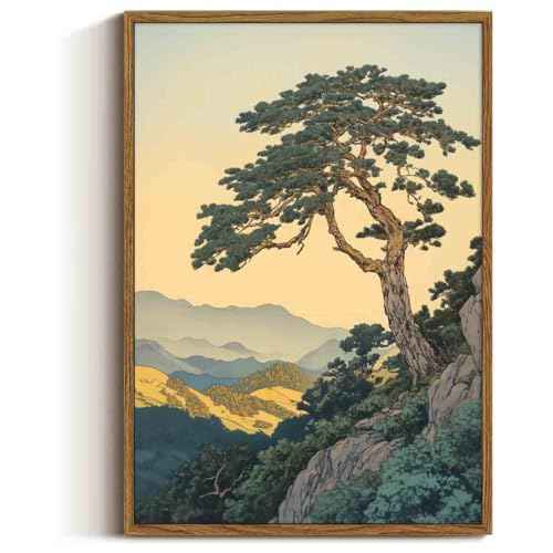 Mountain Landscape Painting Pine Tree Canvas Chinese Style Painting Forest Tree Wall Art Retro Nature Posters Green Plants Paintings Modern Abstract Picture Landscape Room Decor 16x24inch No Frame