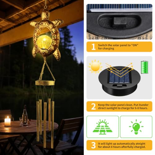 Sea Turtle Solar Lights Outdoor Decor Crackle Glass Ball Solar Turtle Wind Chimes for Outside Unique Gifts for Women Birthday Gardening Gift Housewarming Ornament for Patio Yard Garden Decor